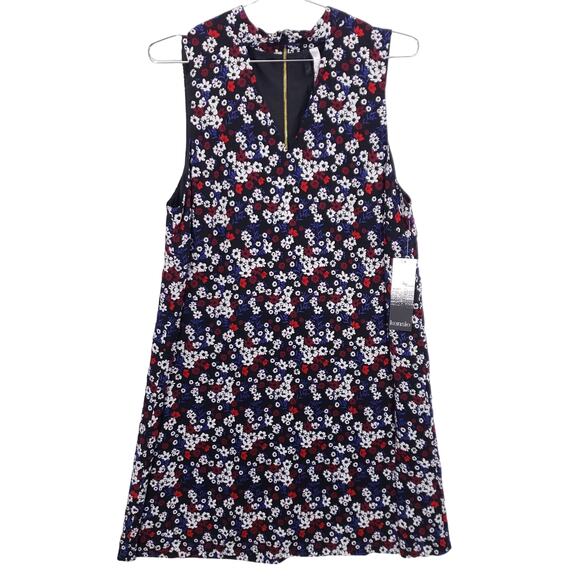 Kensie Shift Dress Womens Large Red White Blue Floral Sleeveless V Neck Zip Up - Picture 1 of 8